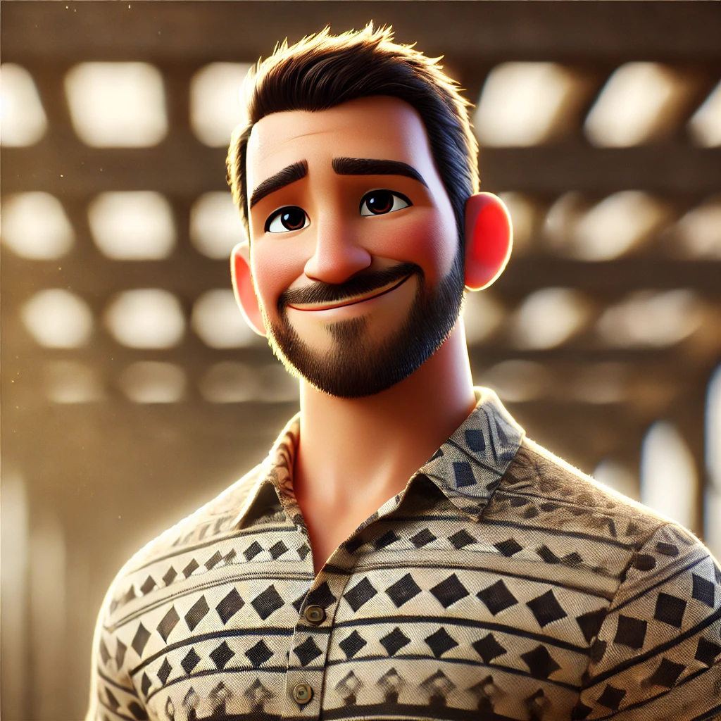 DALL·E 2024 10 25 11.38.01 A 3D Pixar style animated character based on a man with a dark beard and a buzzcut hairstyle, wearing a patterned button up shirt. He is smiling warml