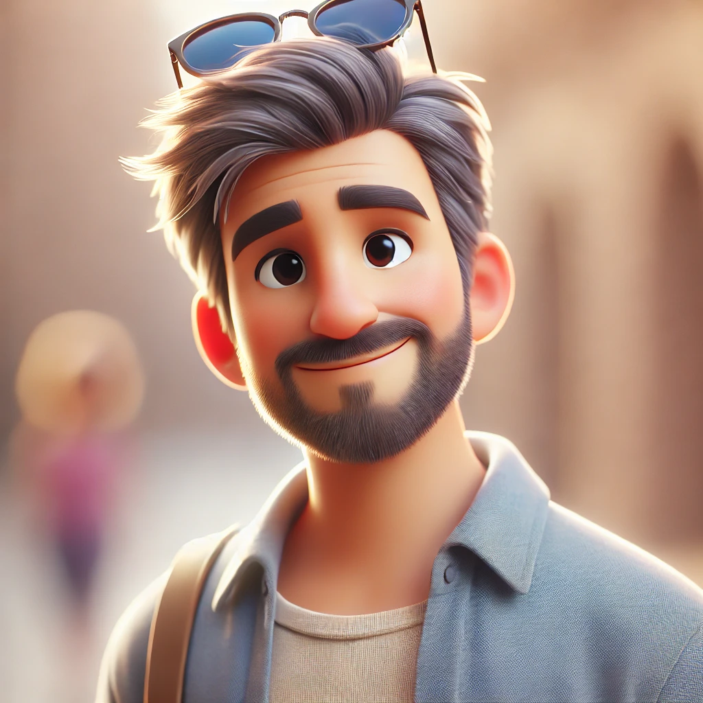 DALL·E 2024 10 25 11.41.58 A 3D Pixar style animated character based on a man with short gray hair, light beard, and wearing sunglasses on top of his head. He is smiling warmly,