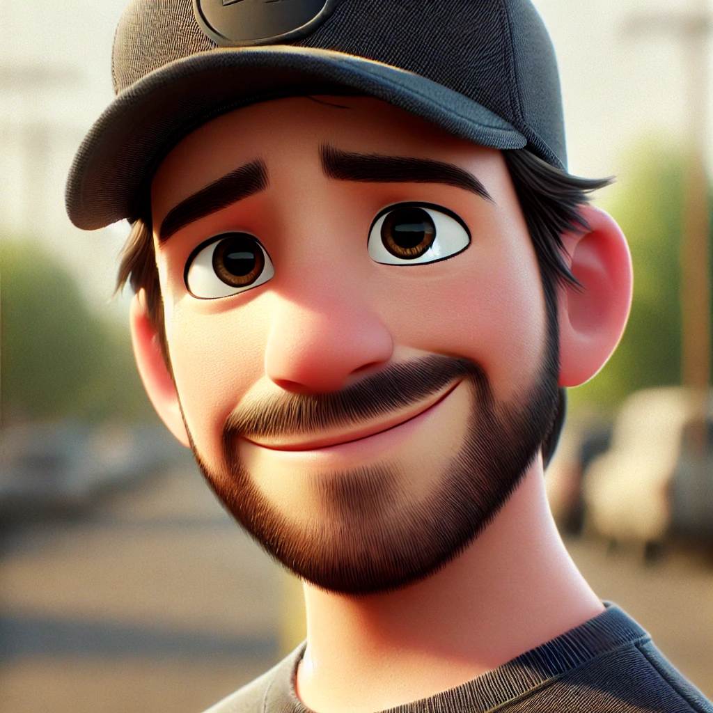 DALL·E 2024 10 25 11.42.51 A 3D Pixar style animated character based on a man with a short beard, wearing a black cap with a logo on the front, and a casual t shirt. He is smili