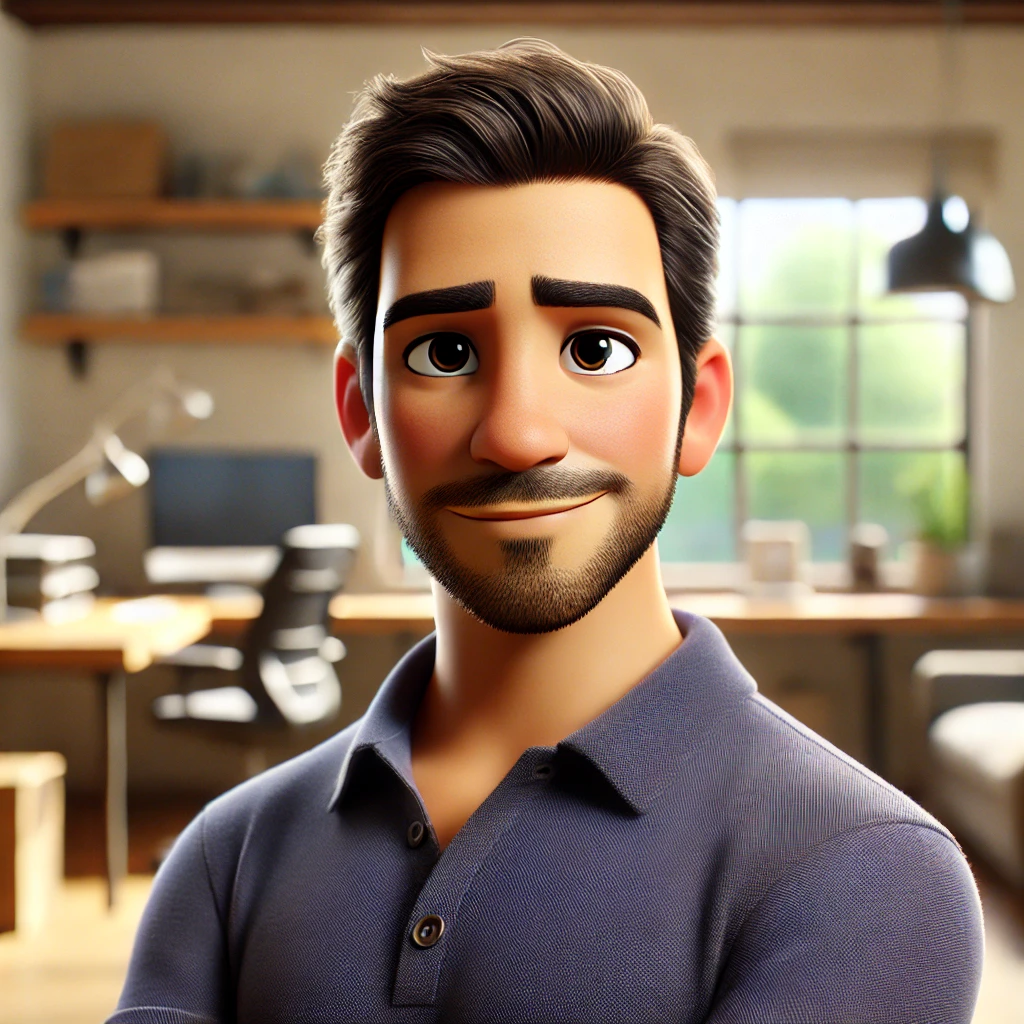 DALL·E 2024 10 25 11.44.30 A 3D Pixar style animated character based on a man with short dark hair, light beard, and wearing a navy blue polo shirt. He is looking directly at th