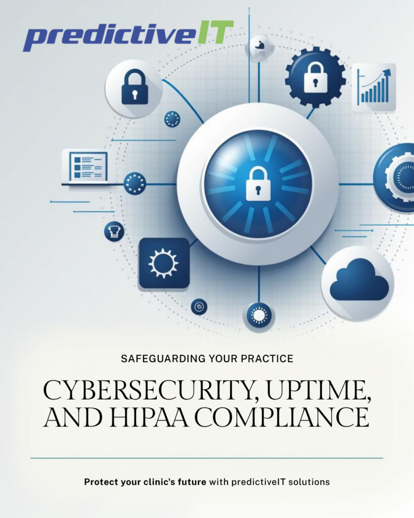 "predictiveIT cybersecurity and HIPAA compliance solutions for clinics, featuring secure cloud, data protection, and uptime monitoring icons."