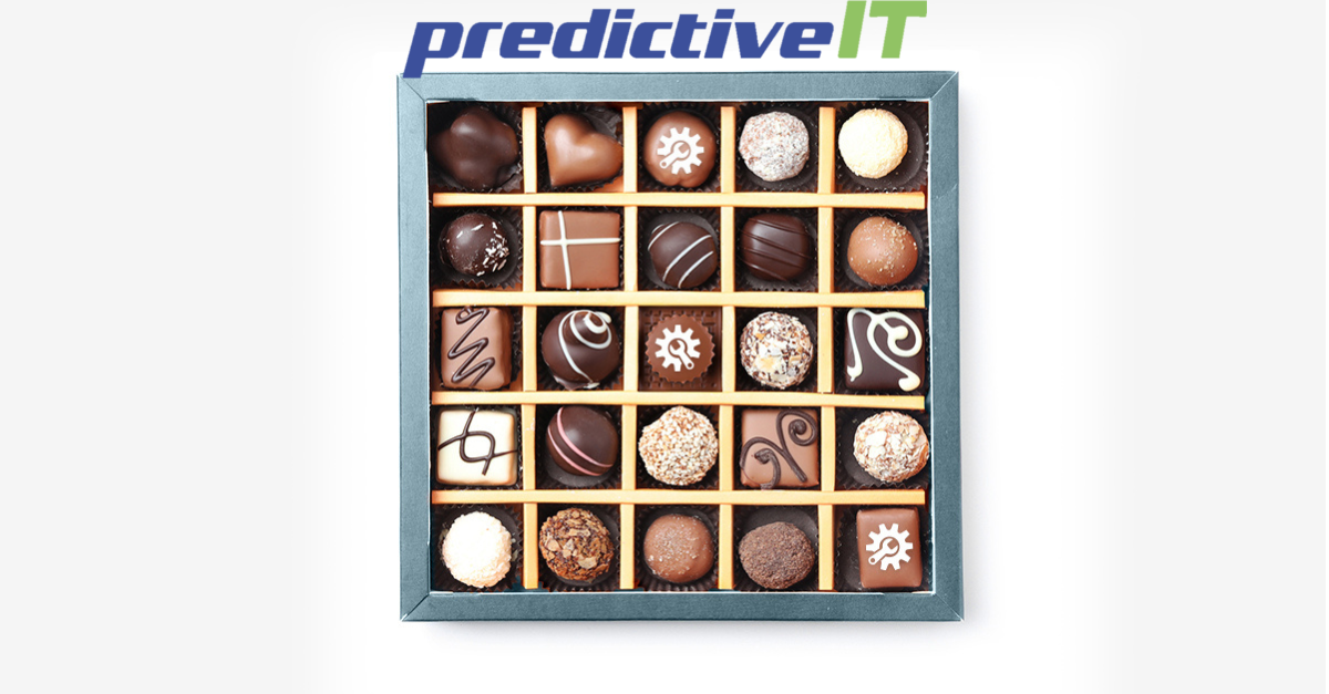 Assorted premium chocolates in a box under predictiveIT logo symbolizing customized IT solutions and tailored predictive analytics services.