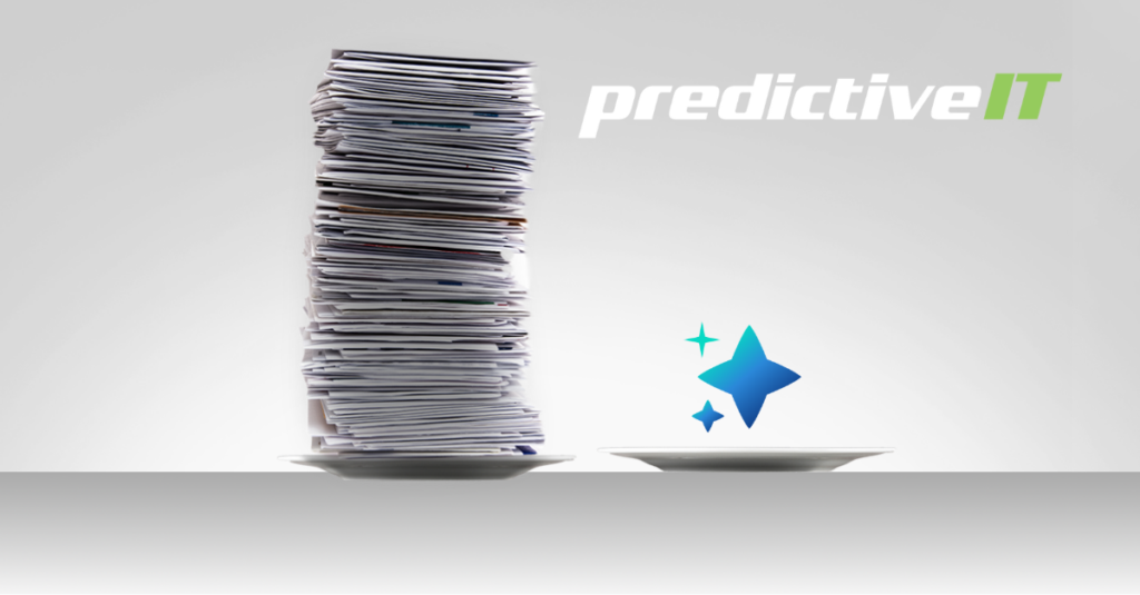 Tall stack of paper documents beside a clean plate with sparkle icon and predictiveIT text, symbolizing automated document processing