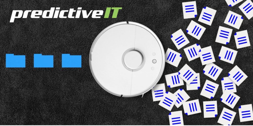 Automated robotic vacuum organizing scattered documents symbolizing workflow automation, data management, and efficiency solutions by predictiveIT.