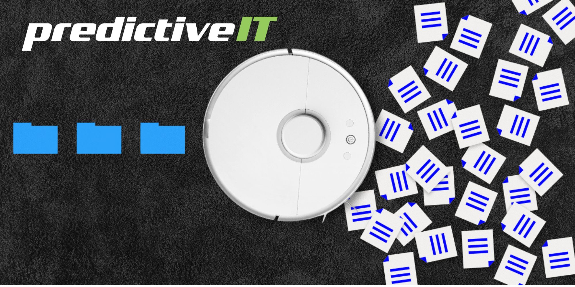 Automated robotic vacuum organizing scattered documents symbolizing workflow automation, data management, and efficiency solutions by predictiveIT.