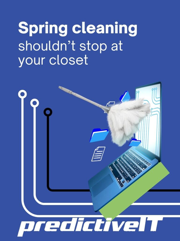 Laptop being cleaned with digital files and folders representing IT system cleanup, optimization, and maintenance services by predictiveIT.