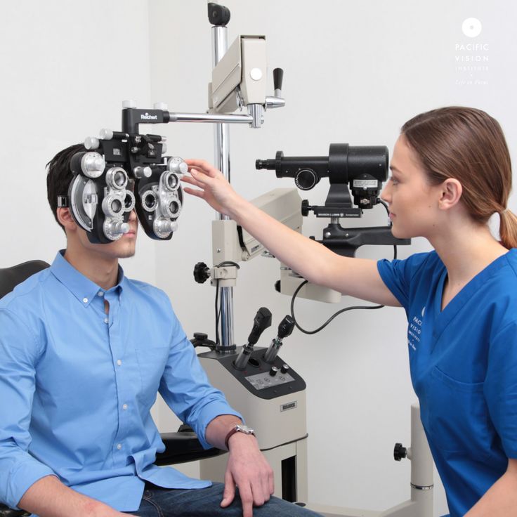 Optometrist examining a patient’s eyes using a phoropter in an eye clinic.