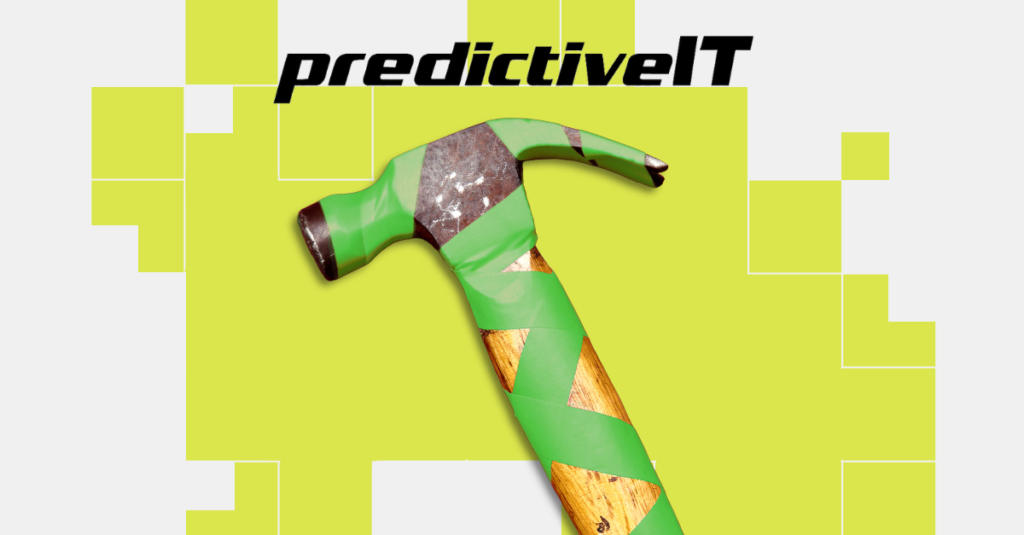 predictiveIT branded image of a hammer wrapped in green tape symbolizing IT repair, cybersecurity, and digital resilience.