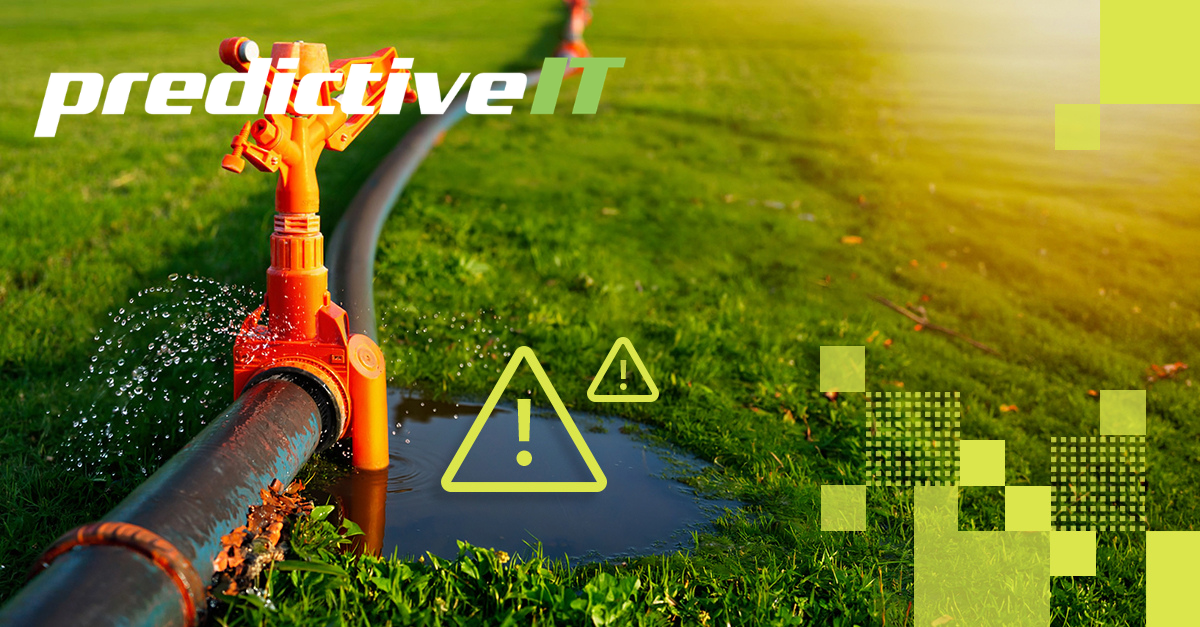 predictiveIT smart water leak detection system showing pipeline leak with real-time alert for predictive maintenance.