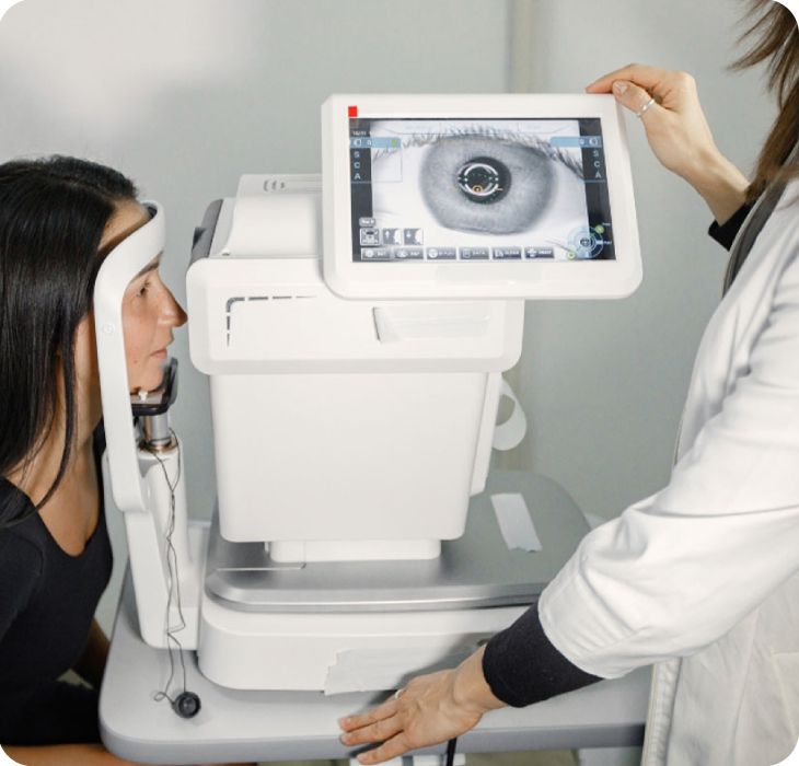Patient undergoing an advanced eye scan using ophthalmology diagnostic imaging equipment in a modern clinic