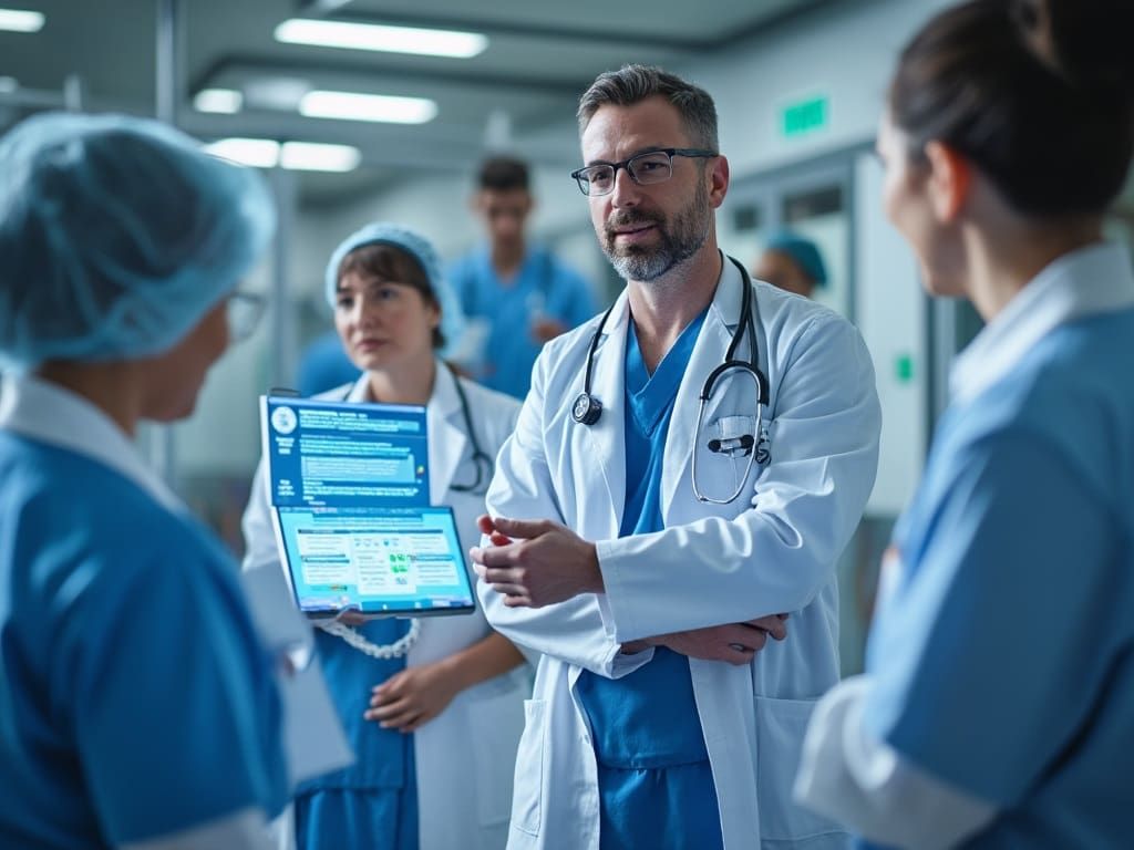 Medical professionals collaborating in a hospital hallway while reviewing digital patient information on a tablet, representing connected healthcare technology and secure medical communication.