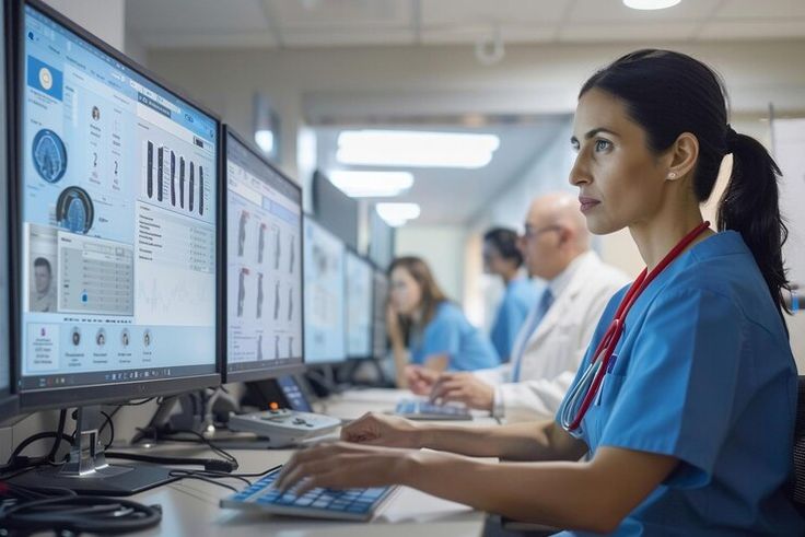 Healthcare professionals monitoring patient data and medical analytics on multiple computer screens in a modern hospital environment.