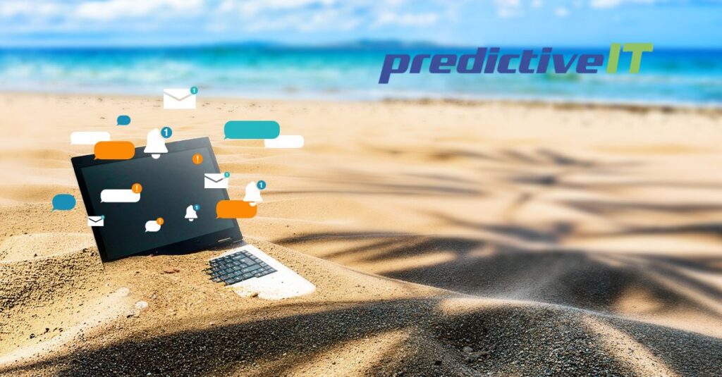 Laptop buried in beach sand with digital communication icons representing IT support and remote technology services