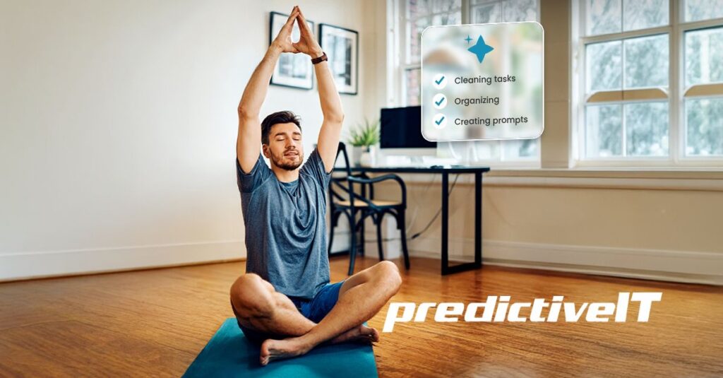 Man practicing yoga at home with AI productivity task reminders for cleaning, organizing, and prompt creation