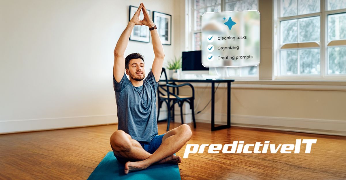 Man practicing yoga at home with AI productivity task reminders for cleaning, organizing, and prompt creation