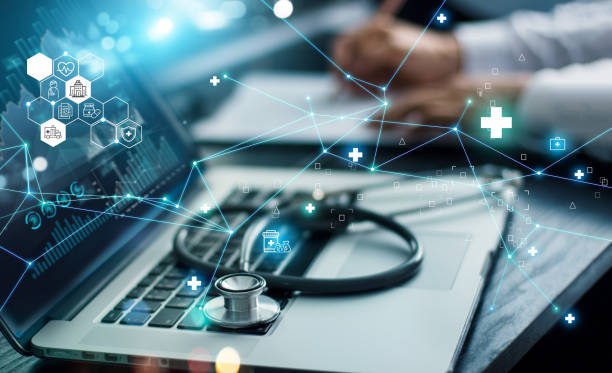 Laptop displaying digital healthcare data with a stethoscope and connected medical technology icons, representing secure healthcare IT and digital patient care solutions.