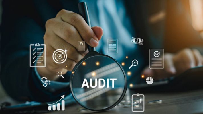 Financial firm technology audit with audit checklist, performance icons, and security review visuals.