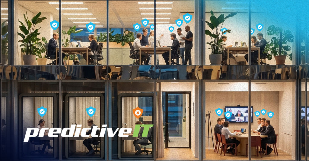 Modern office environment with teams collaborating in meeting rooms and video conferences, protected by cybersecurity shield icons that represent secure business communications, data protection, and managed IT services.