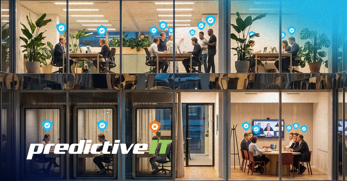 Modern office environment with teams collaborating in meeting rooms and video conferences, protected by cybersecurity shield icons that represent secure business communications, data protection, and managed IT services.