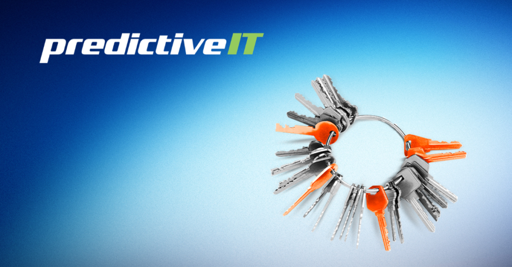 A ring of keys with orange key tags on a blue background, symbolizing access management, cybersecurity, identity protection, password security, and controlled access to business systems. The predictiveIT logo appears in the upper corner.