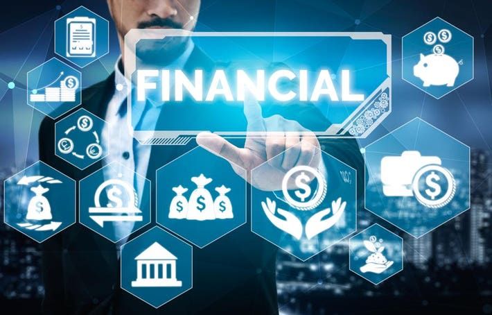 Financial technology review with digital finance icons and business data