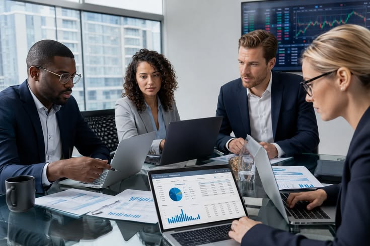 Financial services team reviewing reports and Microsoft 365 security data during a business meeting.