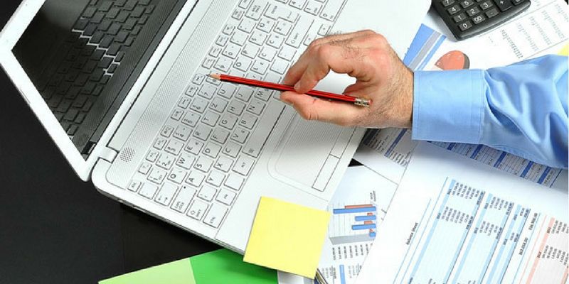 Financial technology review with digital finance icons and business data
