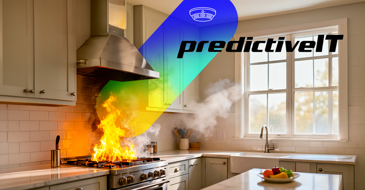 Kitchen fire with smoke detected by a smoke alarm, illustrating the importance of early detection and disaster preparedness.