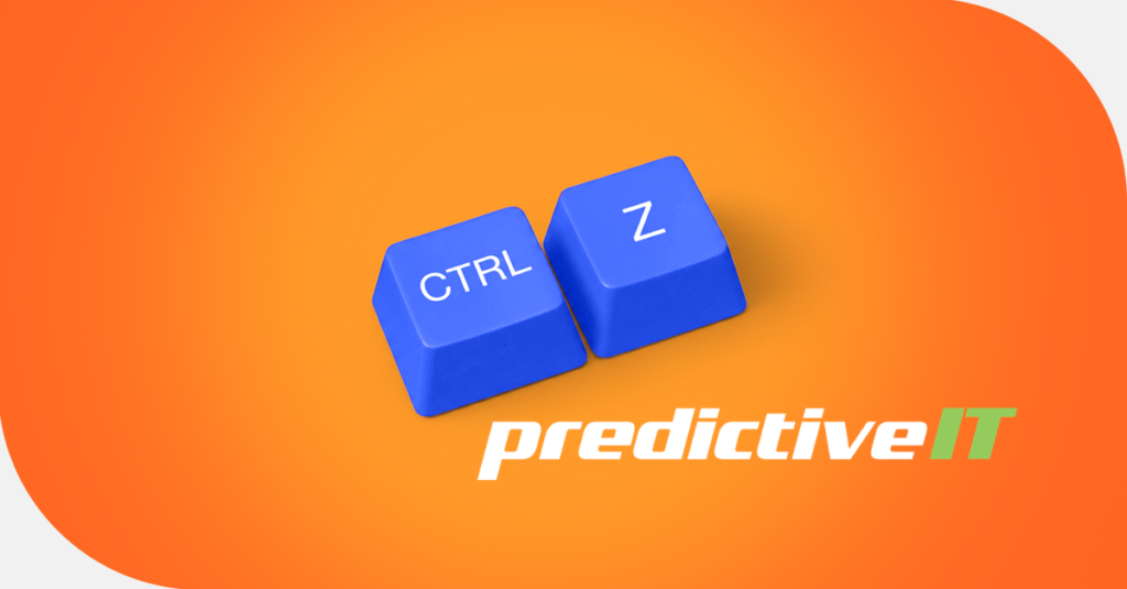 Blue Ctrl and Z keyboard keys on an orange background with the predictiveIT logo, representing undo, recovery, and restoring from mistakes.