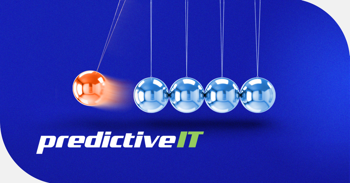 Newton’s cradle with an orange ball in motion against a blue background featuring the predictiveIT logo.