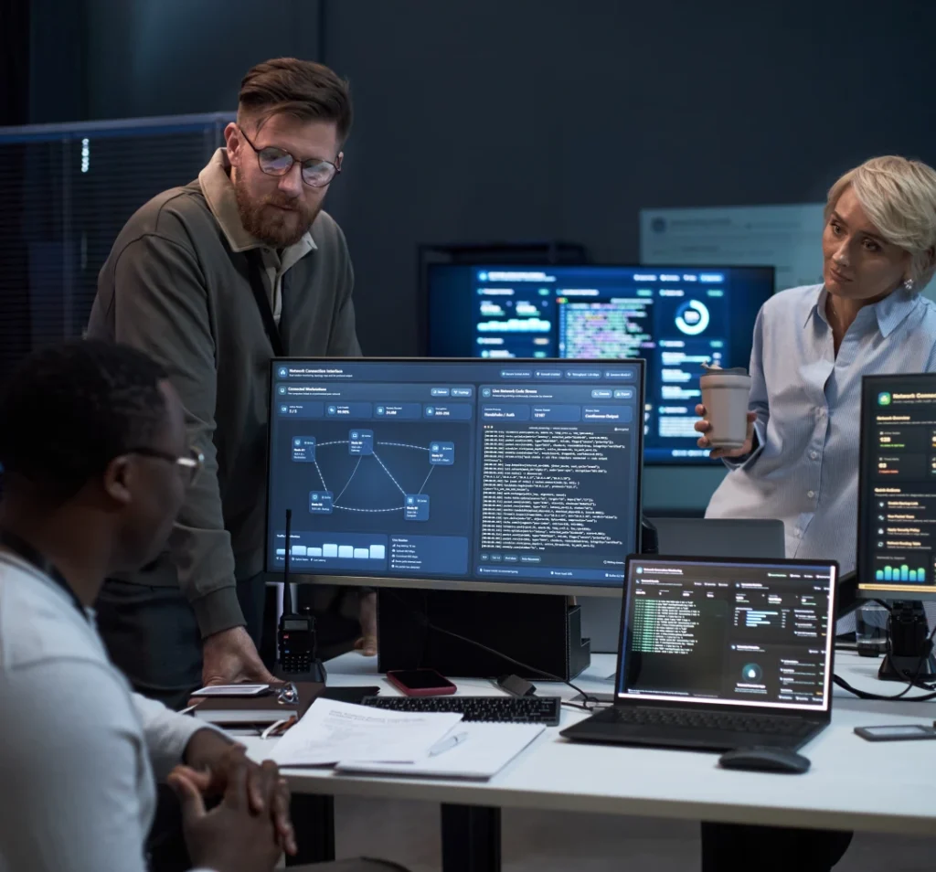 Business leaders reviewing technology systems and data on multiple computer screens.