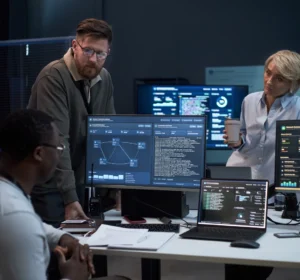 Business leaders reviewing technology systems and data on multiple computer screens.
