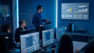 IT professionals monitoring systems and reviewing data analytics in a network operations center.